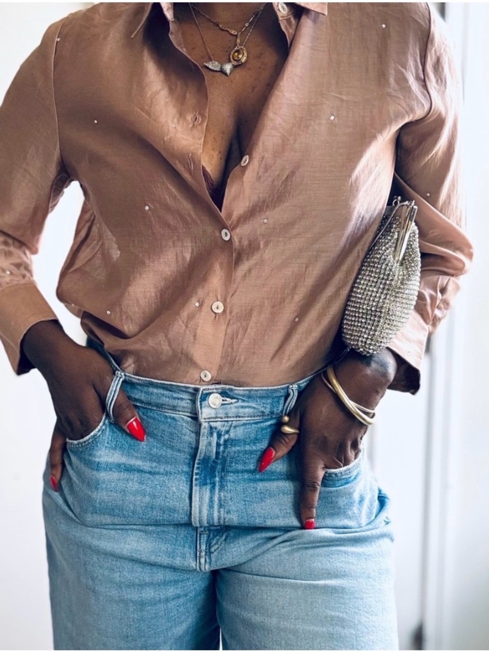 Bailey/44 Dusty Pink Diamond and Sheer Sparkle Button Down Shirt - Size L